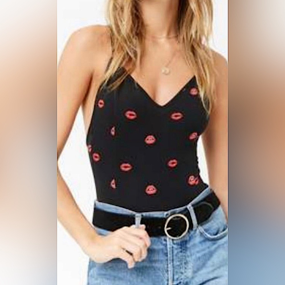 Forever 21 Black Red Lip Bodysuit size S